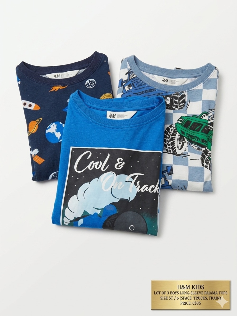 Lot of 3 H&M Boys Long-Sleeve Jersey Tops - Size 5T / 6 (Space, Trucks, Train)